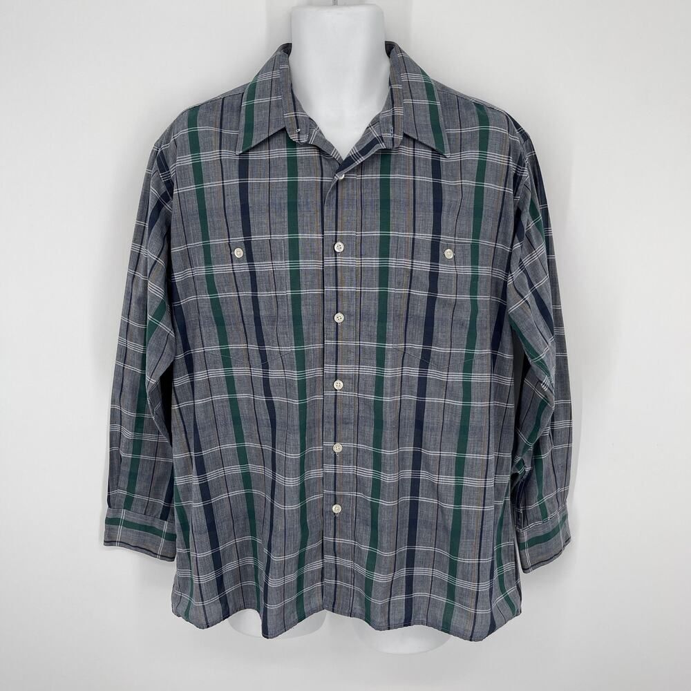 Pierre Cardin VINTAGE Shirt Mens Sz L Plaid Blue Green Long Sleeve Button Front
